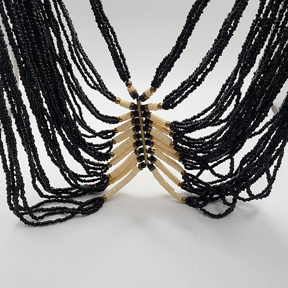 Vintage Boho Tribal Ethnic Black Glass Seed Bead Waterfall Layered Bib Necklace - Picture 14 of 16